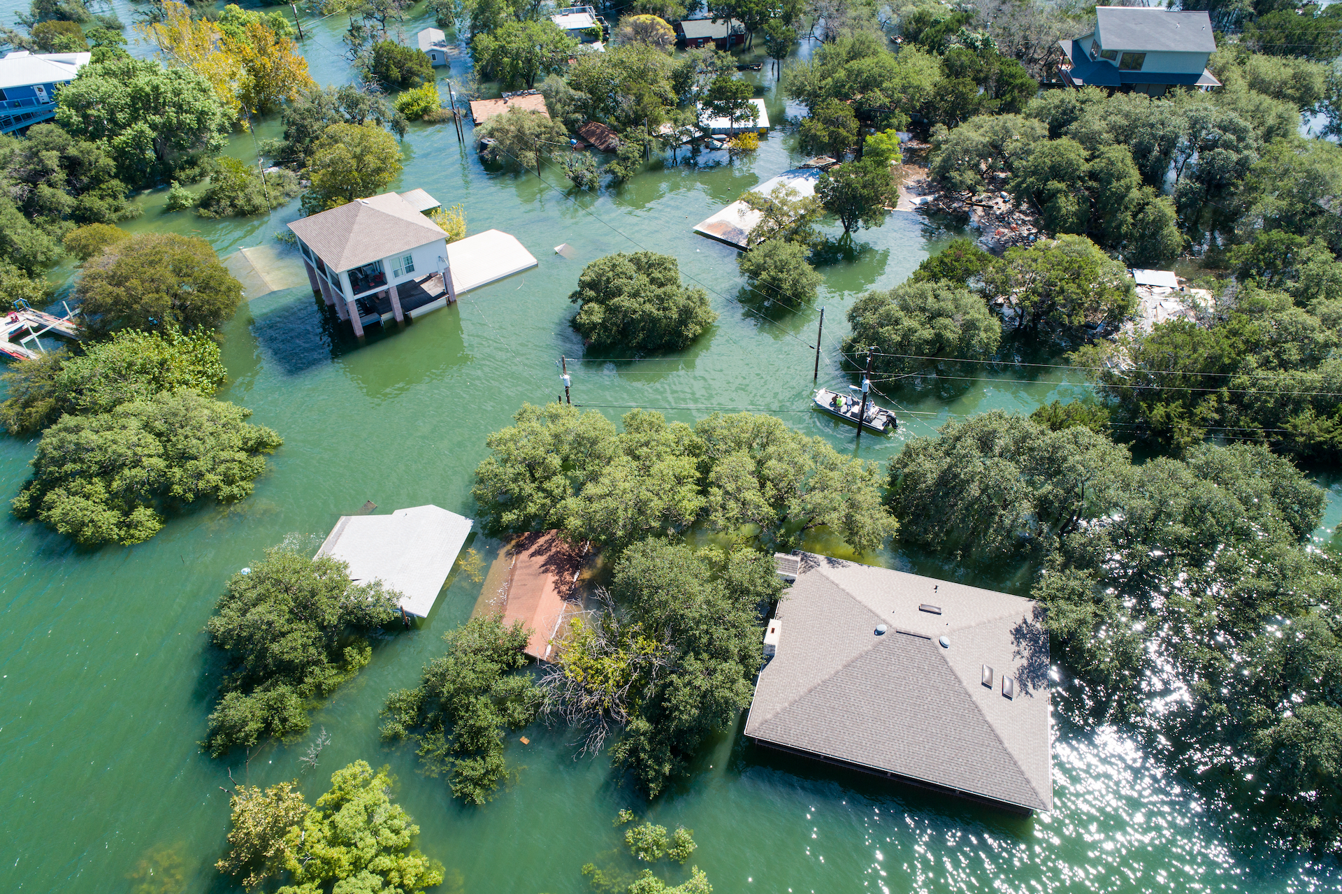 Flooded homes along the Colorado River, USA.
